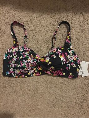 Lands' End Black Floral Bikini Top with Pink Yellow and White Accents